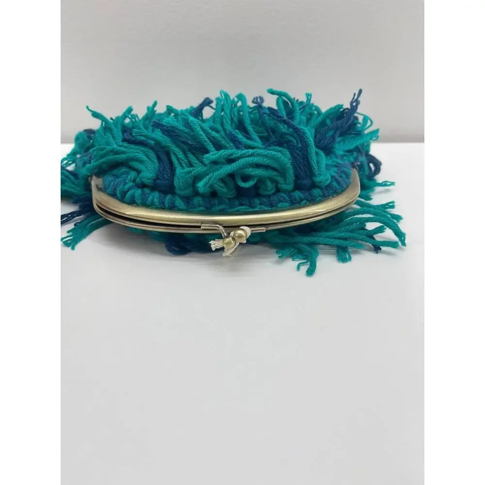 Natural Life Coin Purse Blue Green Crochet Yarn Fringe Pouch Kisslock Artsy Boho